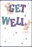 With a burst of positivity as vibrant as high street life in Acton, this get well card captures the essence of cheerful support. Two lovable characters-a teddy bear with an inviting smile and a floppy-eared puppy radiating energy-hold and balance large, delightfully coloured letters that announce 'Get Well'. The vivid indigo and teal shades of the bold text jump from a creamy white canvas, drawing the eye and stirring hope. Sprinkled stars in blue, lavender, and purple hues add a magical, dreamlike lightness, mirroring the feel of Acton's springtime gardens in full bloom. The illustrated textures-sumptuous fur, soft ears-invite the imagination to touch and be soothed, providing a moment of comfort akin to fresh flowers on a nightstand. More than a simple message, this card delivers genuine care to friends and neighbours across Acton-bringing a little sunshine to the path of recovery.